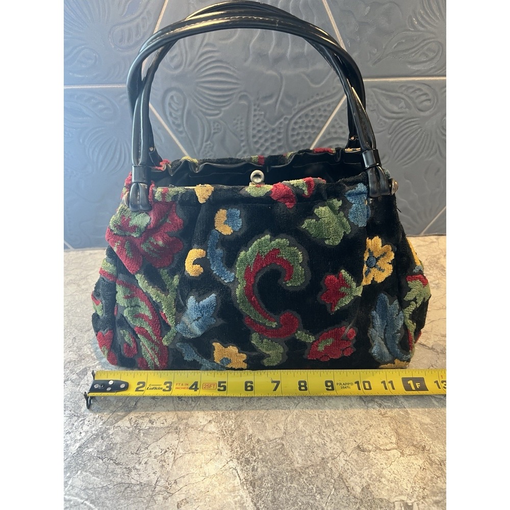 Vintage Floral Chenille Handbag Black Tapestry Carpet Bag Purse Double Handle - Picture 14 of 16